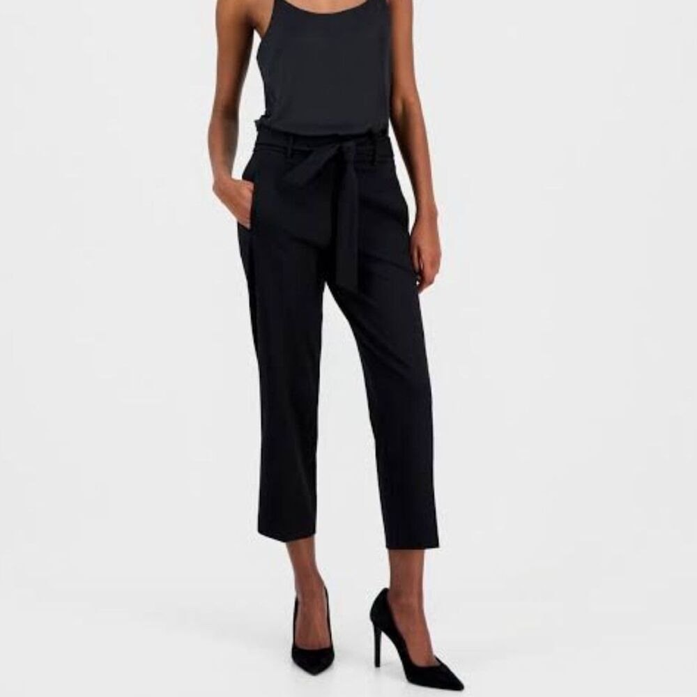 Bar III Black Tie Front Tapered Ankle Pants High Waisted Paperbag Office NWT XL